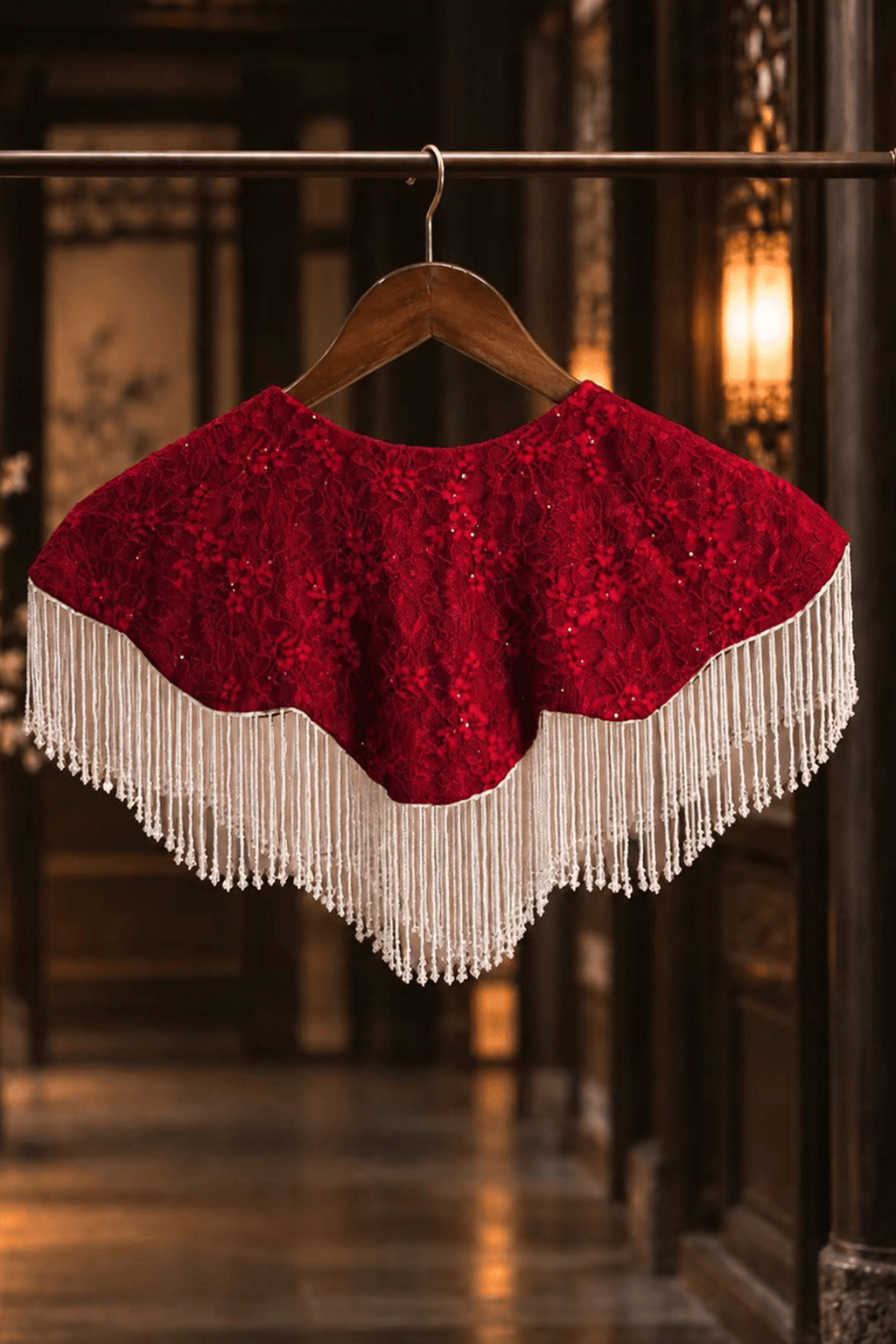 Red Velvet White Fringe Capelet Shawl Avalabel
