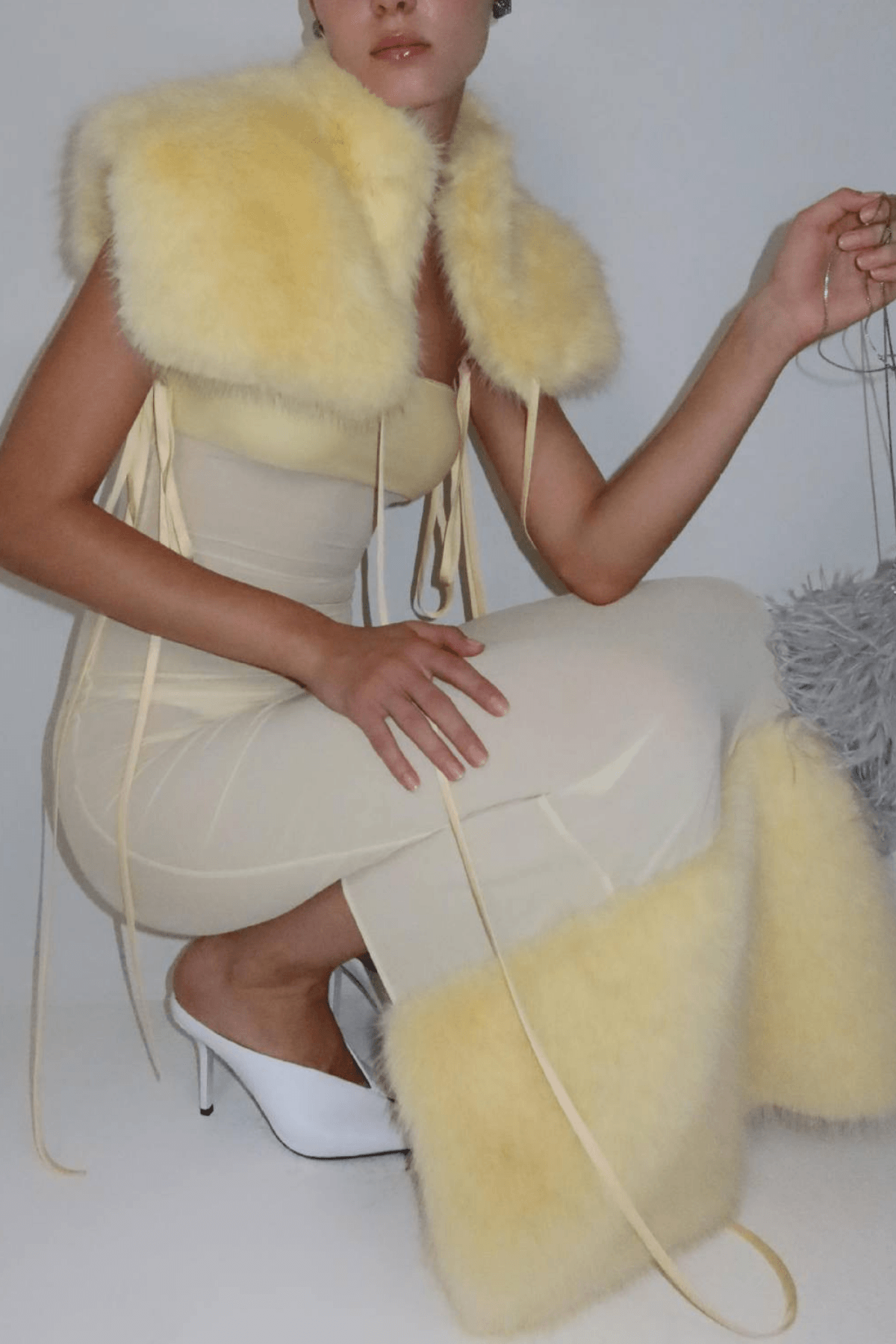 Yellow Sheer Mesh Maxi Dress with Faux Fur Trim Avalabel