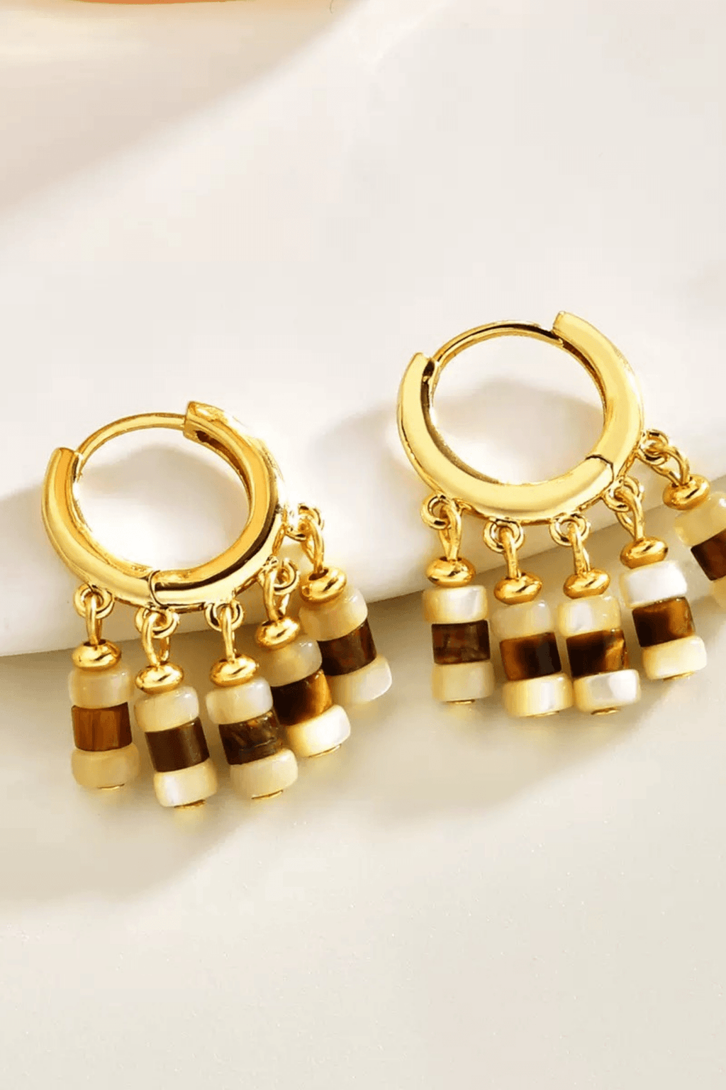 Gold Huggie Shell Bead Tassel Earrings Avalabel