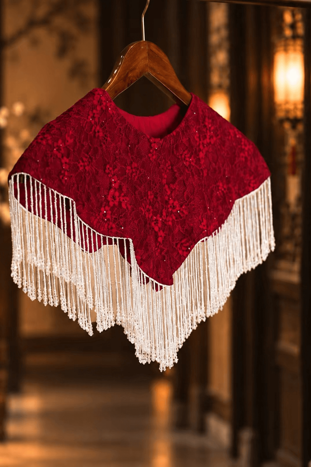 Red Velvet White Fringe Capelet Shawl Avalabel