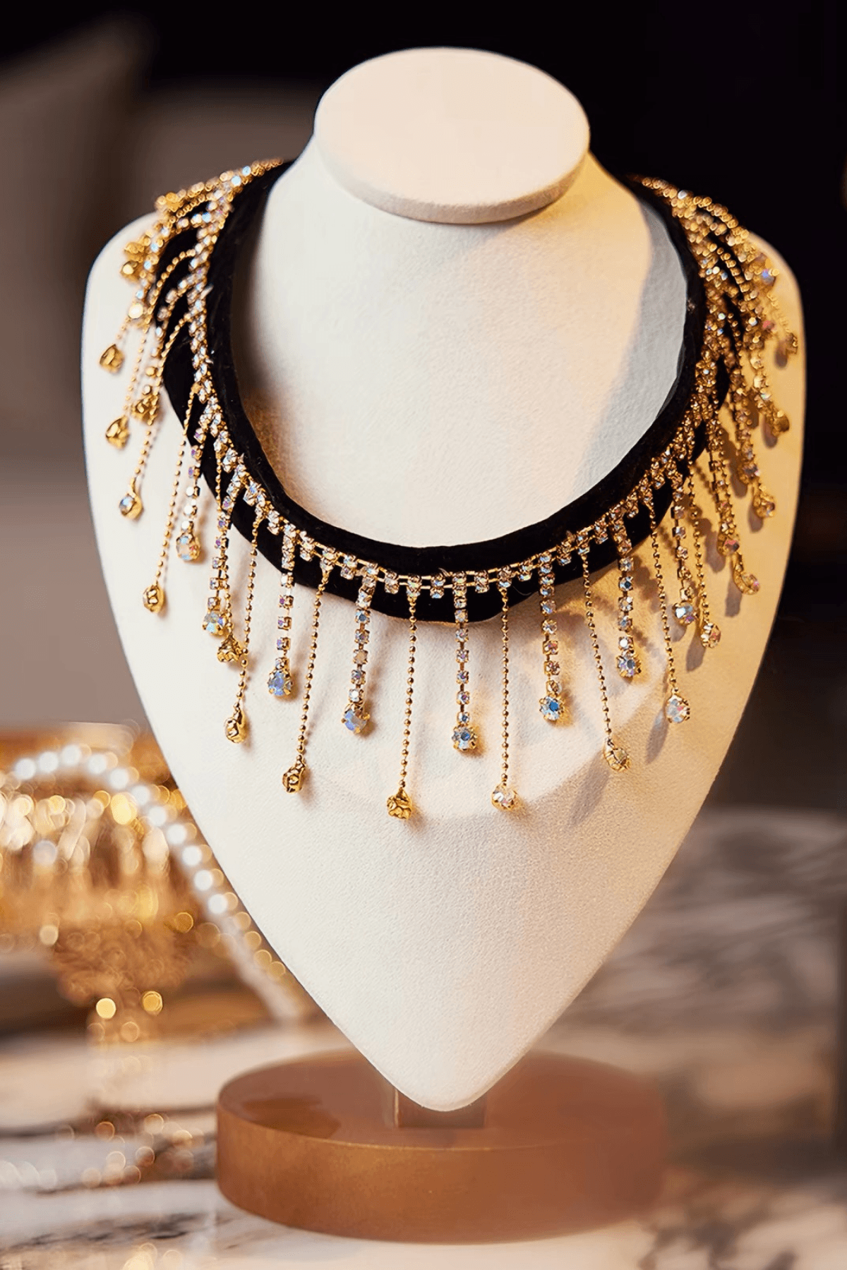 Black Velvet Gold Crystal Fringe Choker Necklace Avalabel