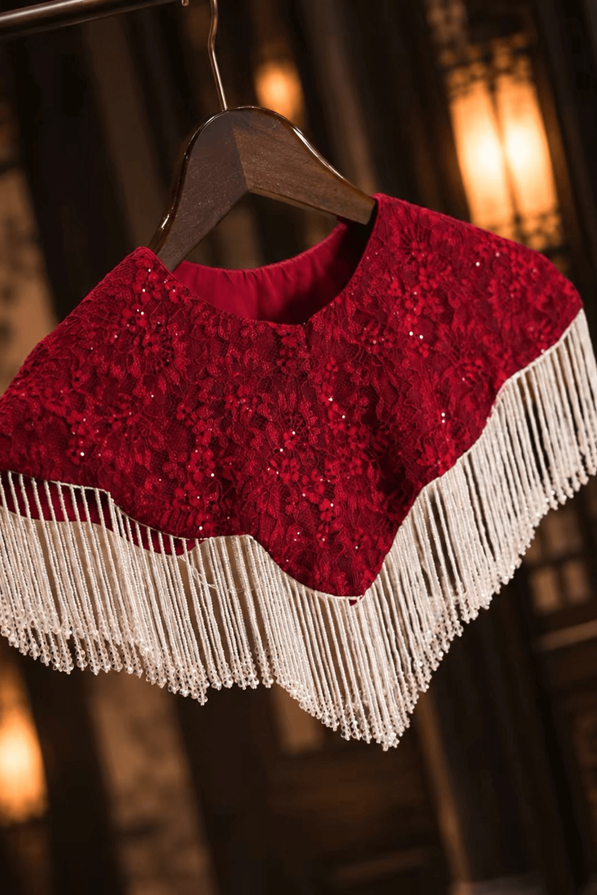 Red Velvet White Fringe Capelet Shawl Avalabel