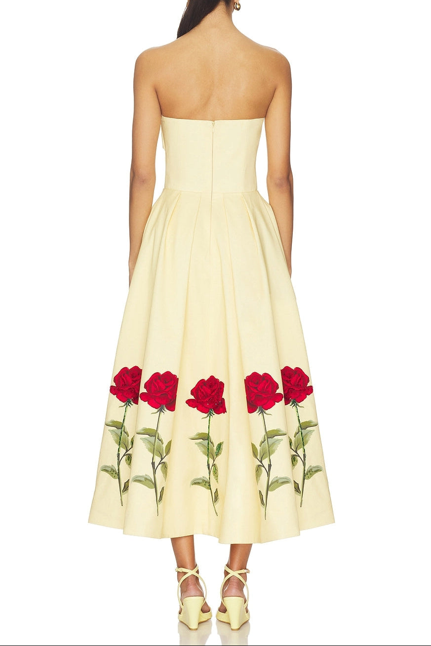 Leona Satin Floral Print Off-Shoulder Midi Dress Avalabel
