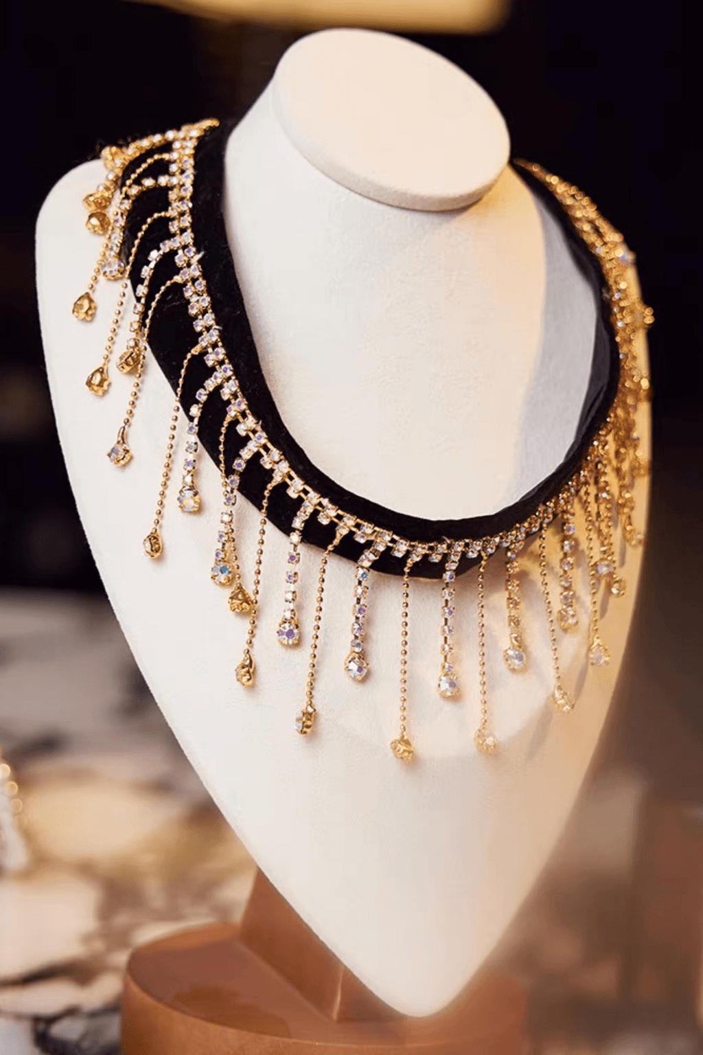 Black Velvet Gold Crystal Fringe Choker Necklace Avalabel