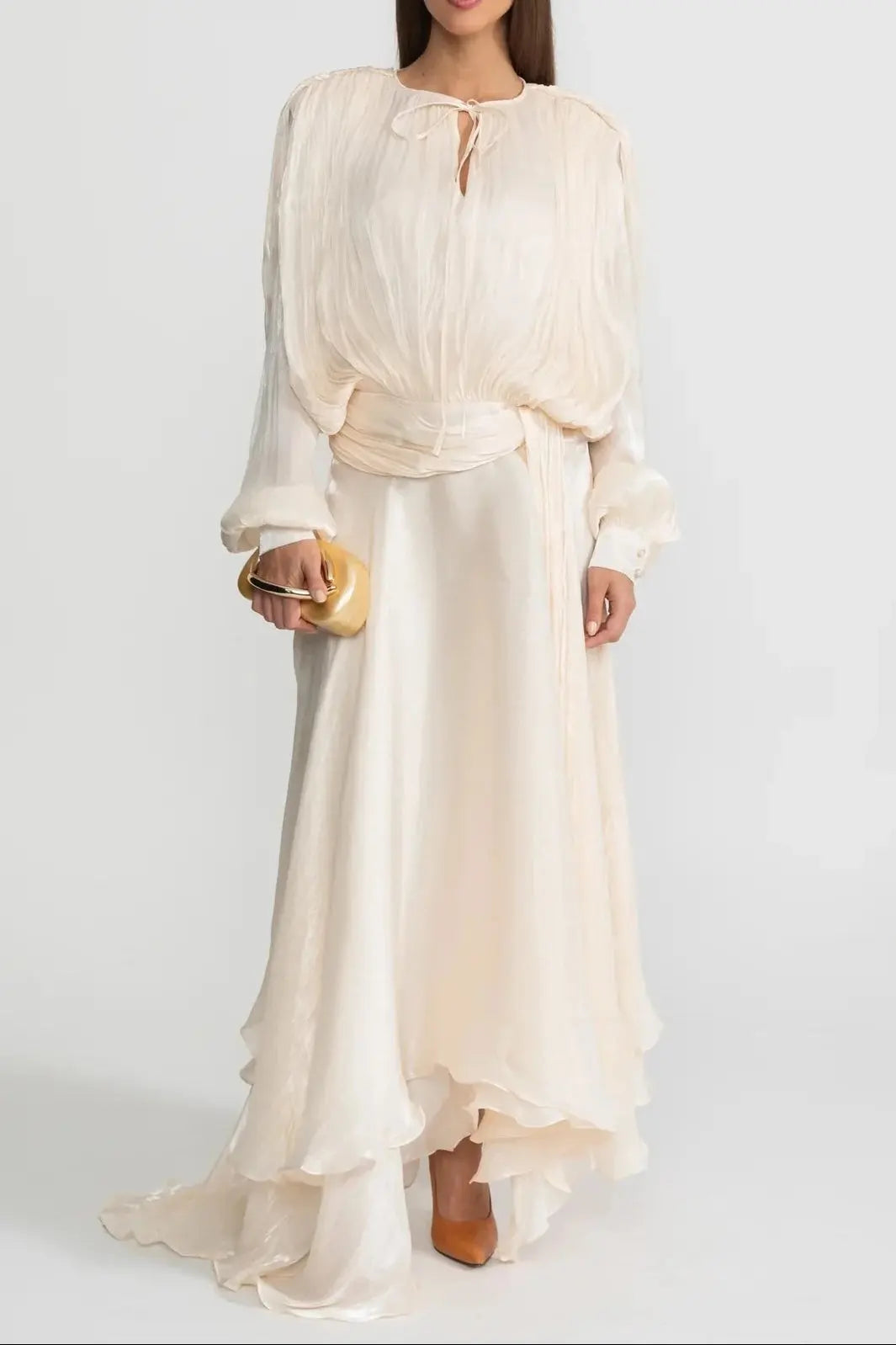 ivory Pleated Bodice Draped puff sleeve Maxi Dress Avalabel