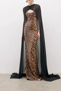 Olivia Leopard Print Sequin Gown with Black Sheer Cape Avalabel