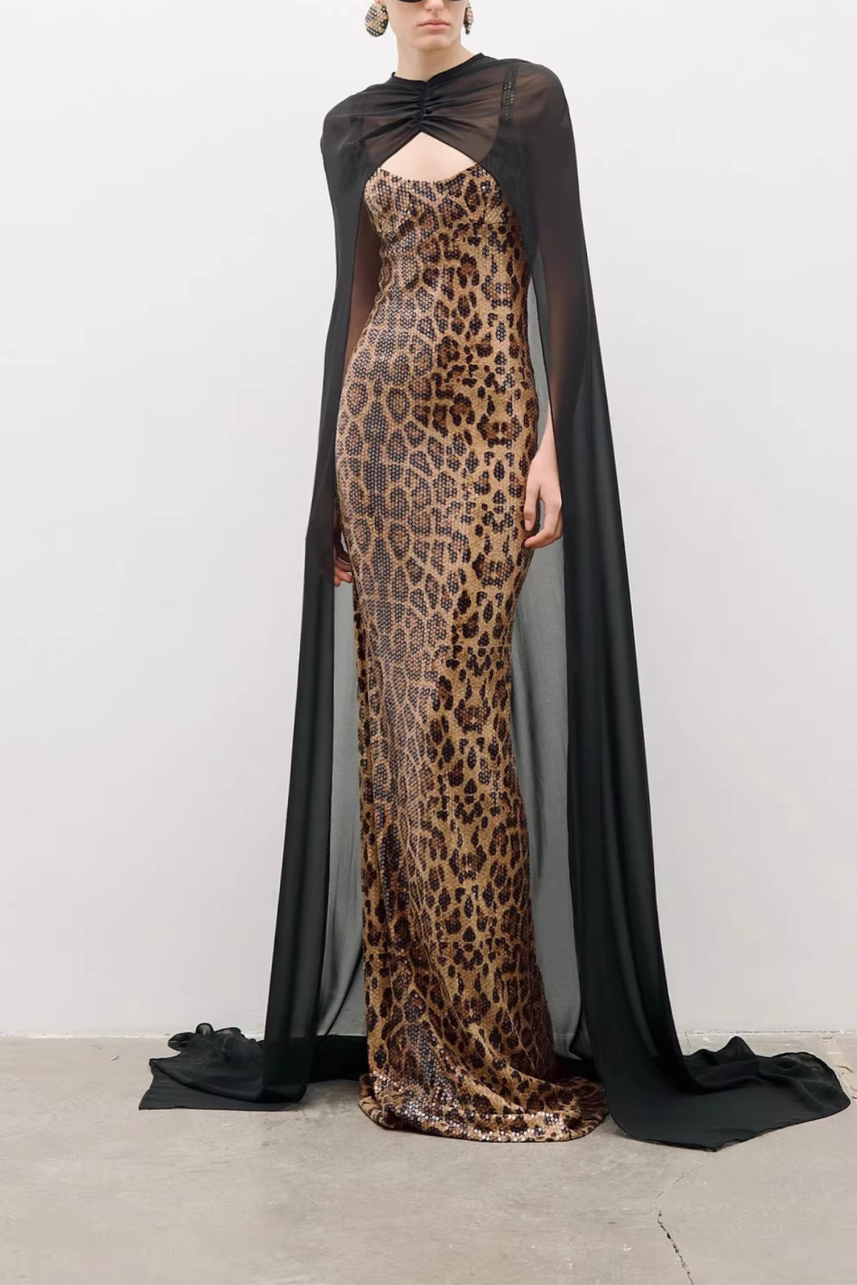 Olivia Leopard Print Sequin Gown with Black Sheer Cape Avalabel