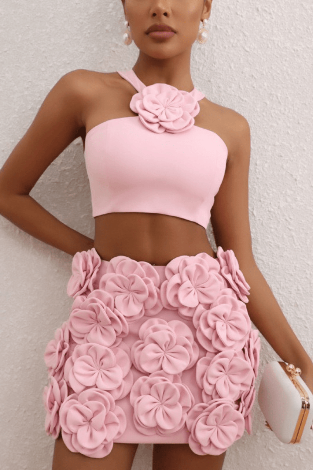 Ella Pink Floral Embellished Crop Top Two Piece Dress Avalabel