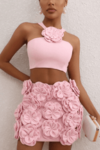Ella Pink Floral Embellished Crop Top Two Piece Dress Avalabel