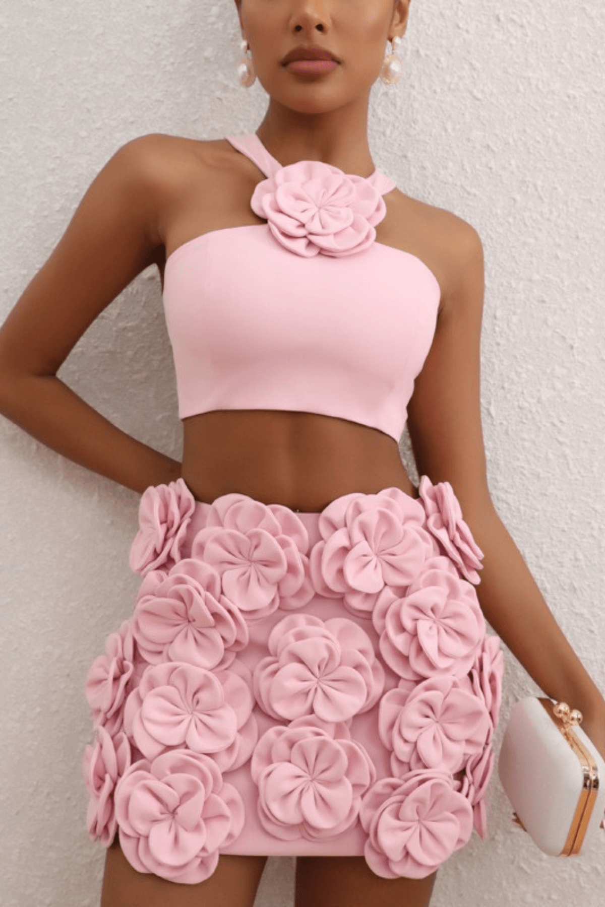 Ella Pink Floral Embellished Crop Top Two Piece Dress Avalabel