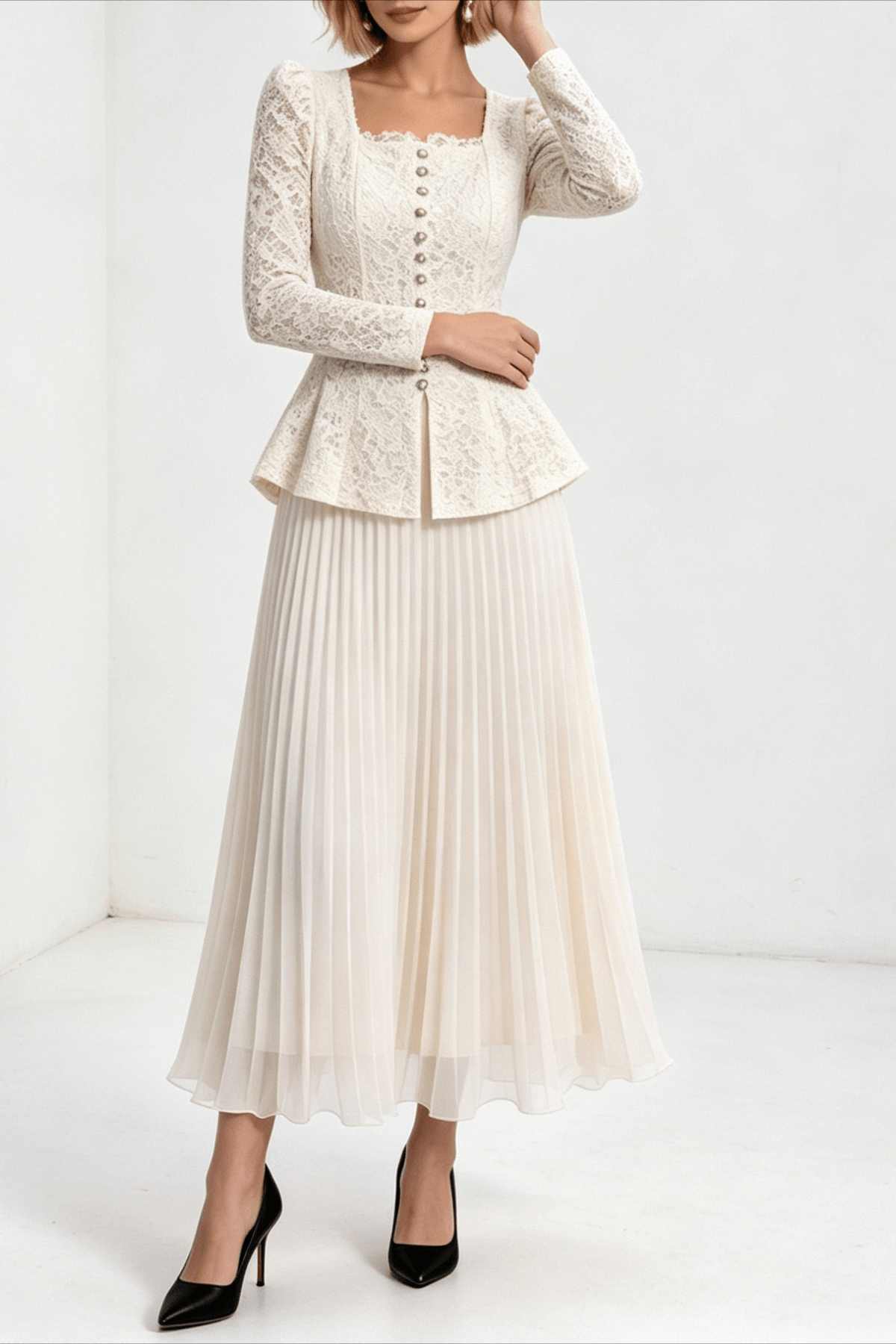 Lucy Lace Top and Pleated Skirt Two Piece Set Avalabel