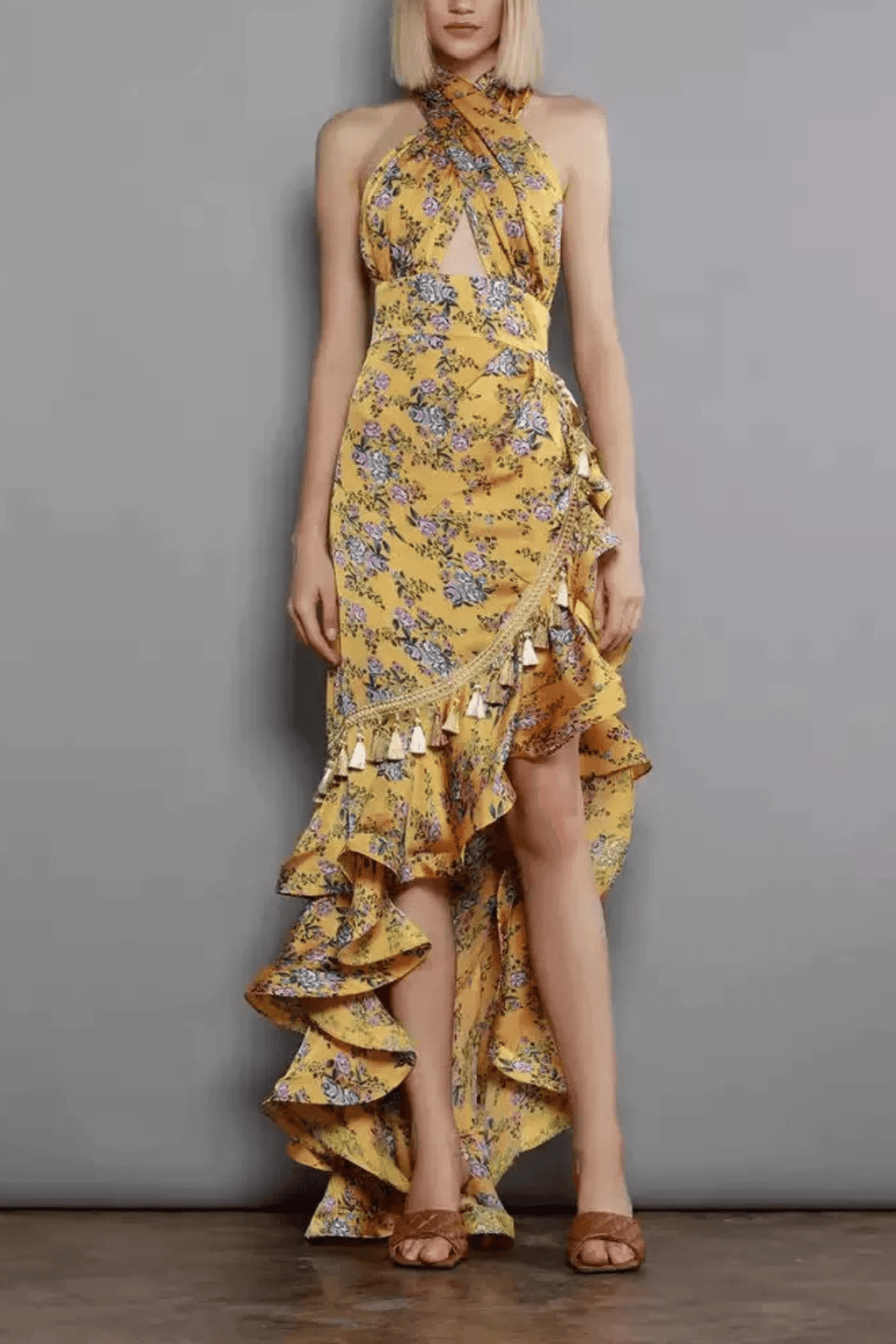 Tiffany Yellow Floral Halter Neck Ruffle Maxi Dress Avalabel
