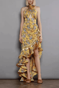 Tiffany Yellow Floral Halter Neck Ruffle Maxi Dress Avalabel