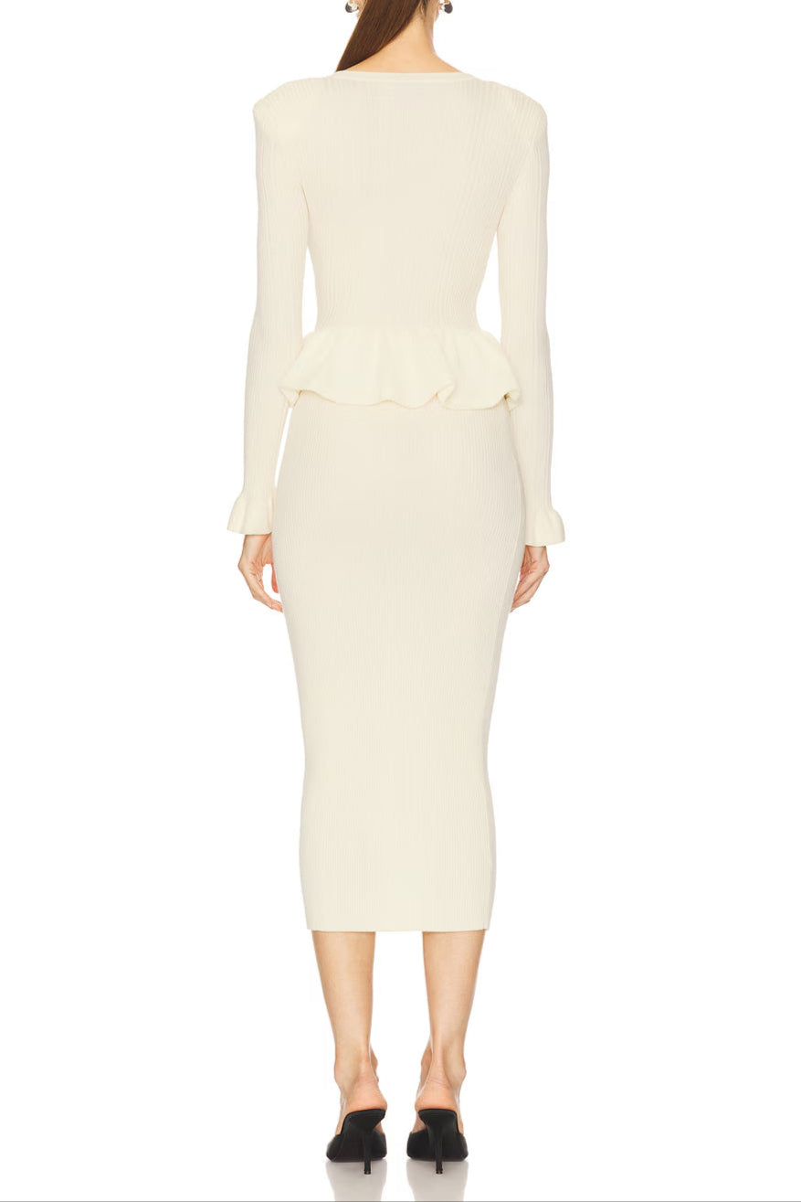 Caroline Asymmetric Knit Midi Dress in Beige Avalabel