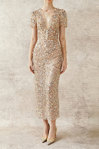 Embroidery v -neck midi dress in beige Avalabel