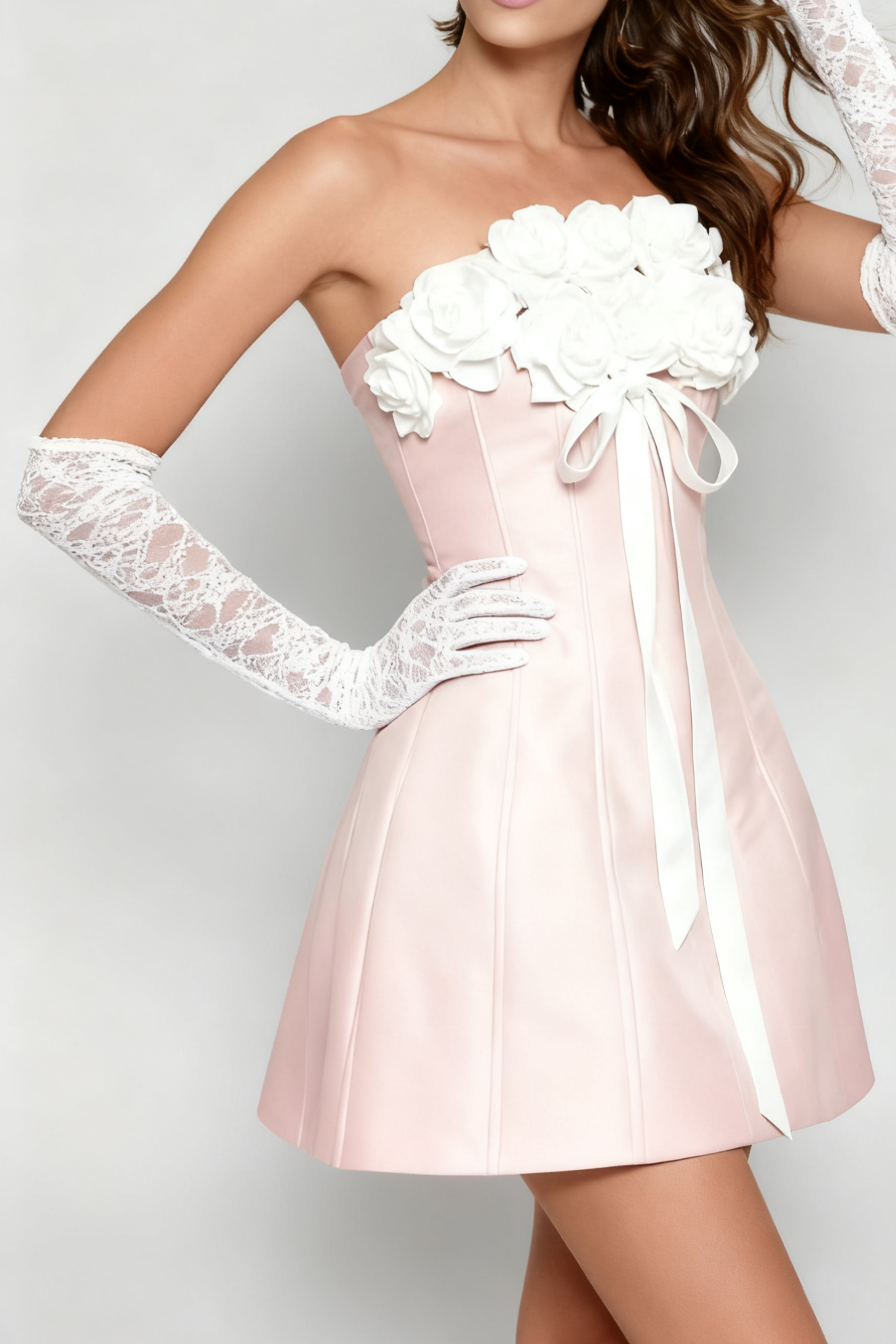 Gladys Strapless 3D Floral Corset A-Line Dress in Pink