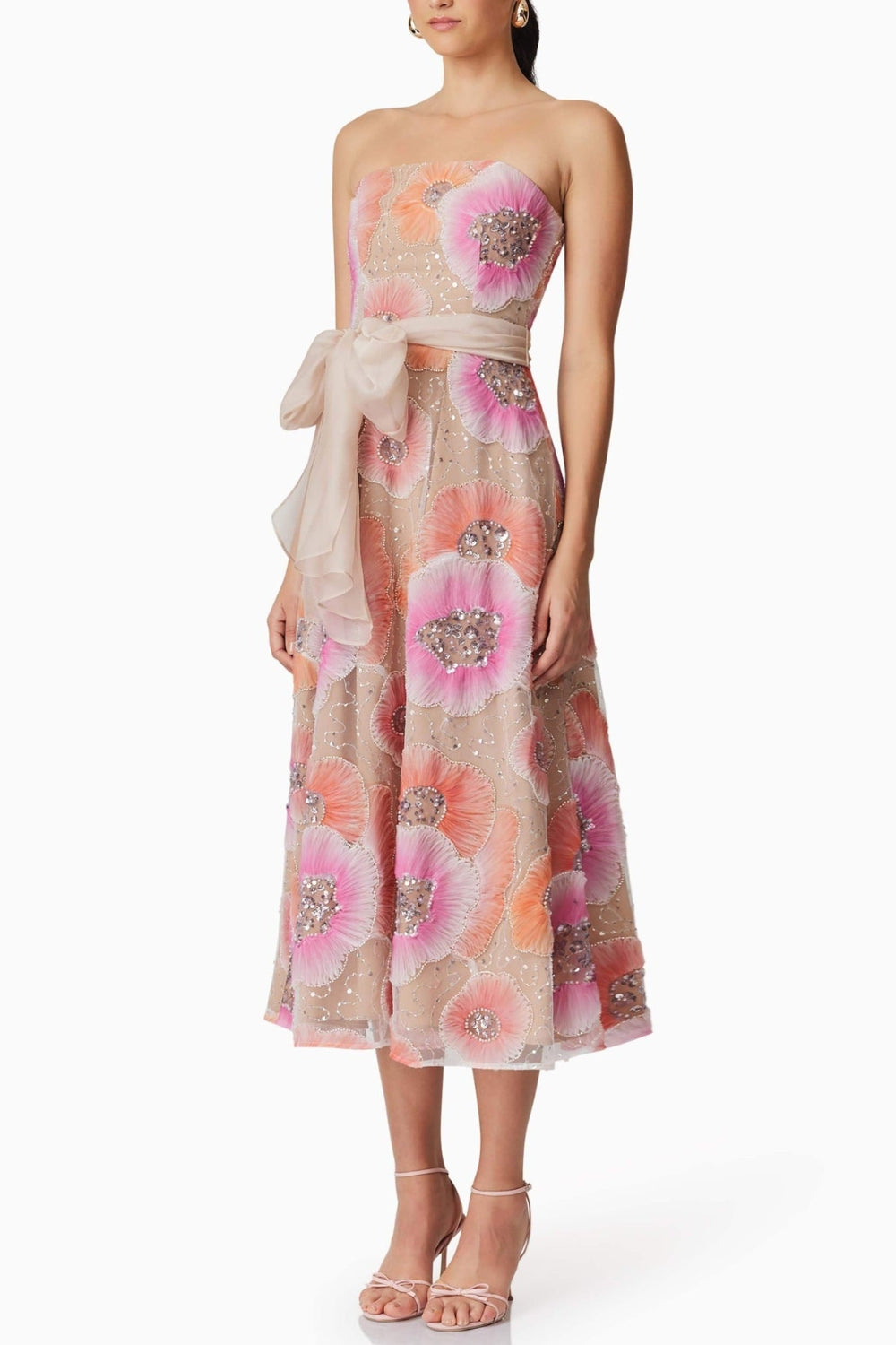 Strapless Flower Sequin Embellished Midi Dress Avalabel