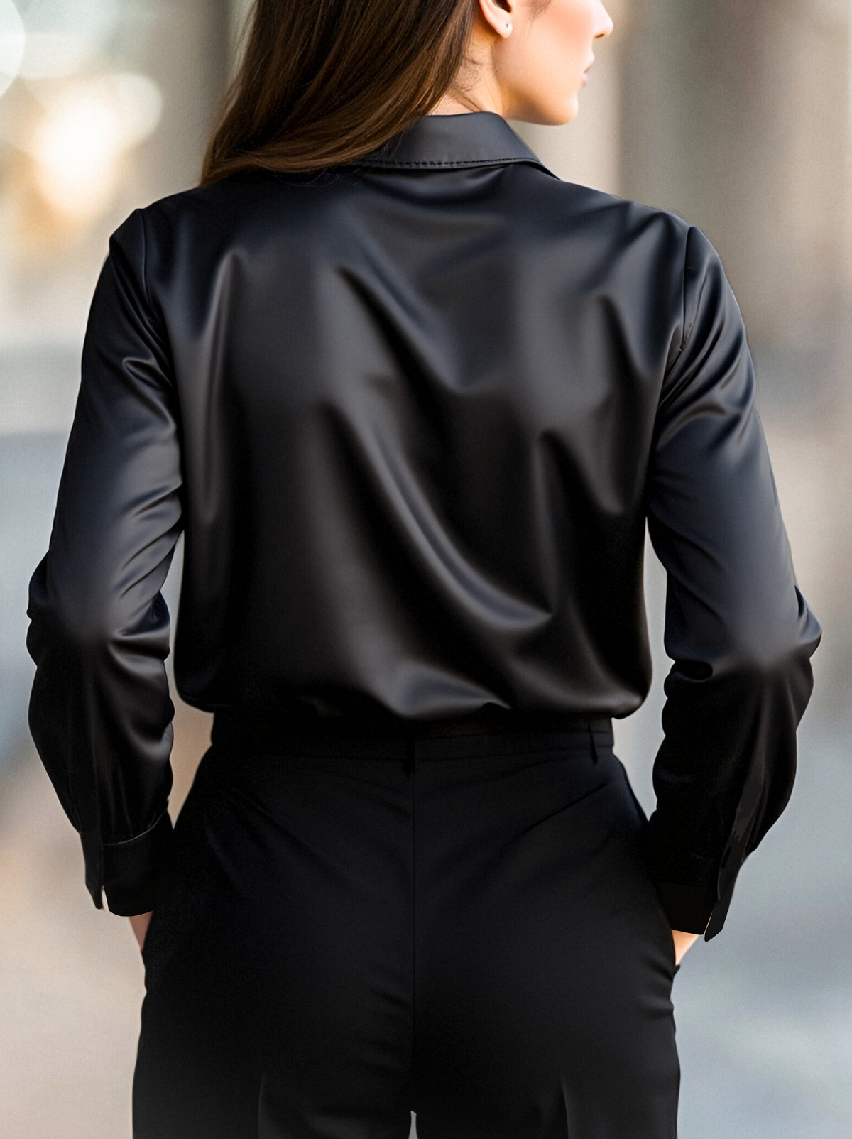 Elegant Black Satin Long Sleeves Blouse Avalabel