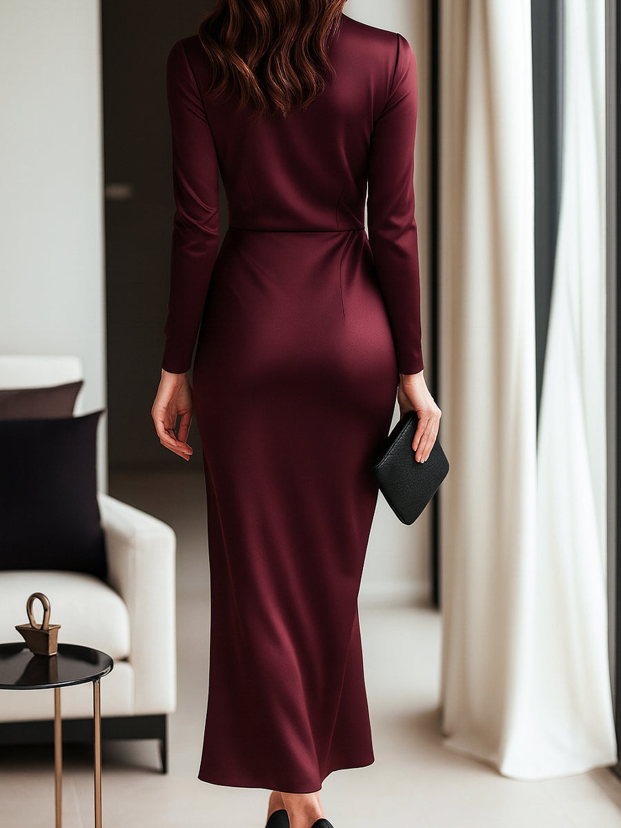 Timeless Burgundy Satin Wrap Dress with Waist Tie Detail Avalabel