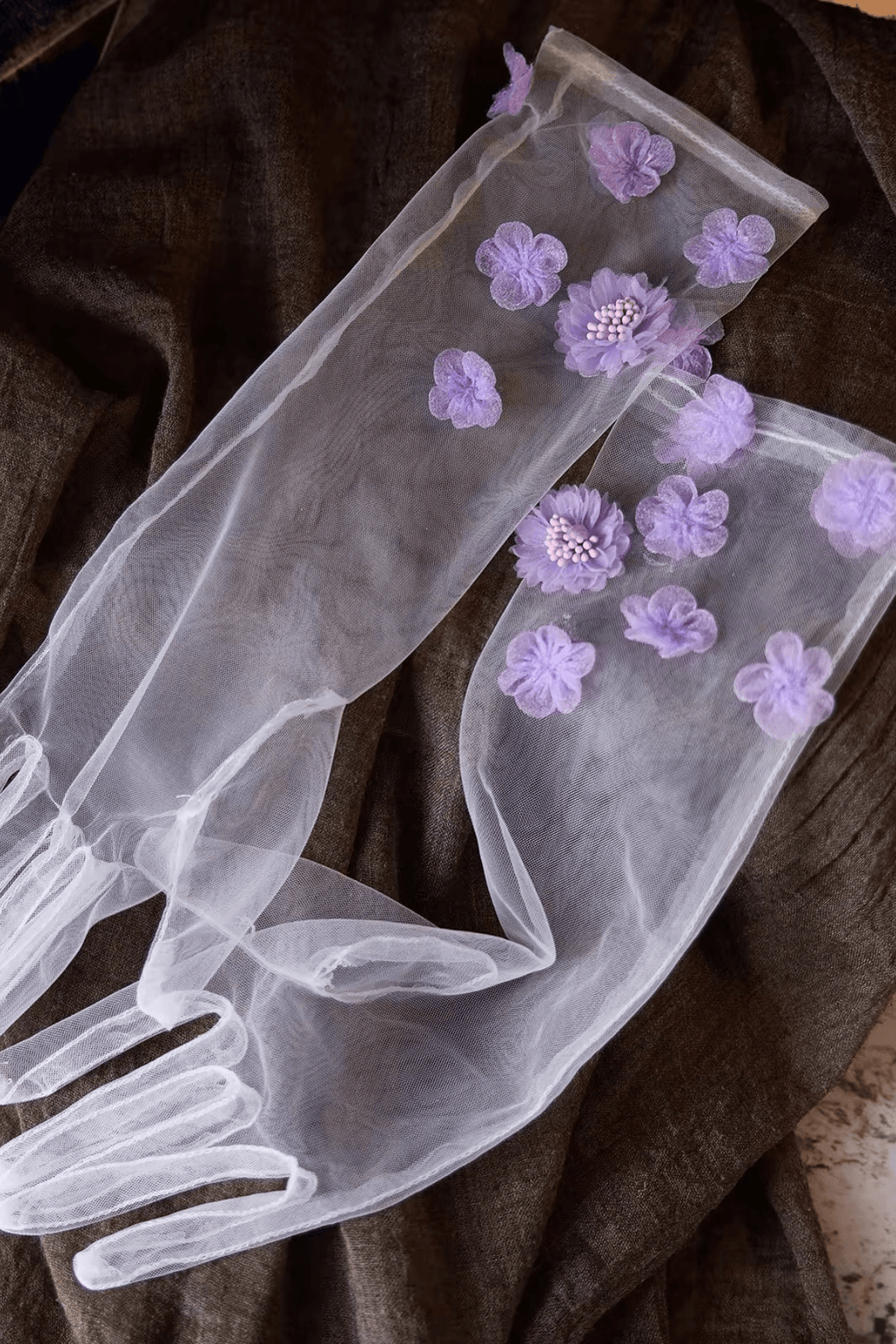 Purple 3D Flower Decor Sheer Tulle Long Gloves Avalabel