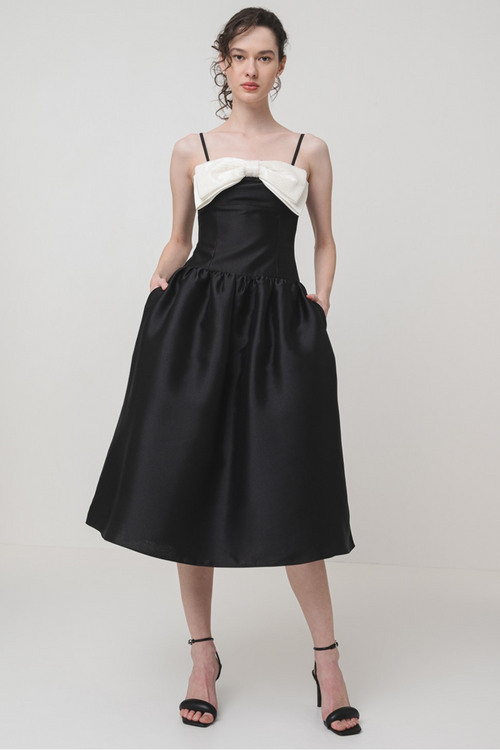 Bow-Detail Taffeta Midi Dress in Black Avalabel