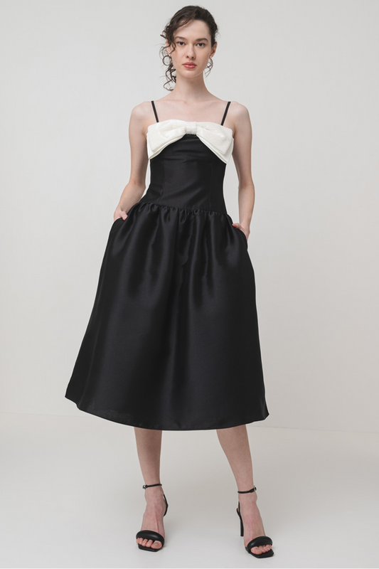 Bow-Detail Taffeta Midi Dress in Black