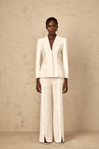 theresa diamond studded hollow out blazer set in white Avalabel