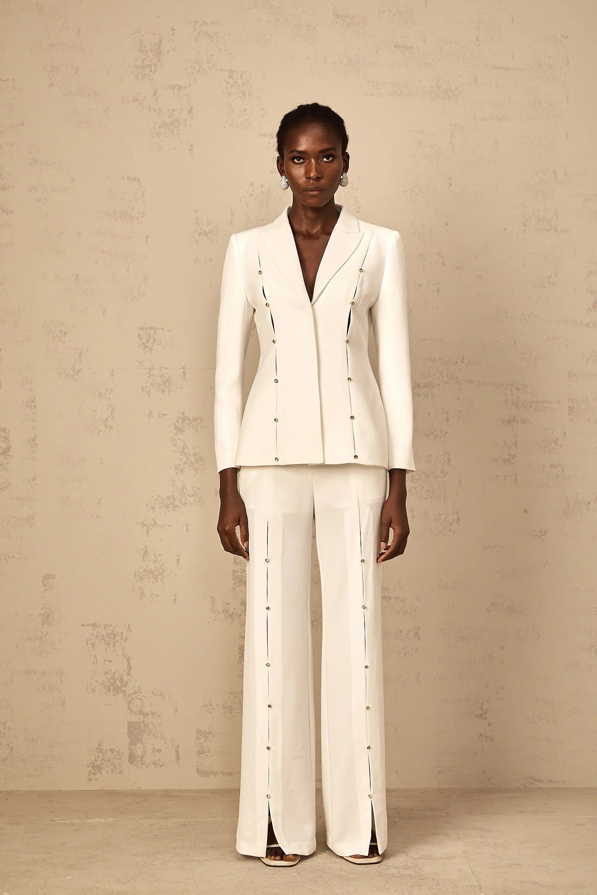 theresa diamond studded hollow out blazer set in white Avalabel