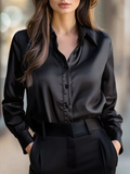 Elegant Black Satin Long Sleeves Blouse Avalabel
