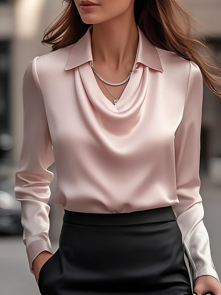 Elegant White Satin Blouse with Draped Neckline Avalabel