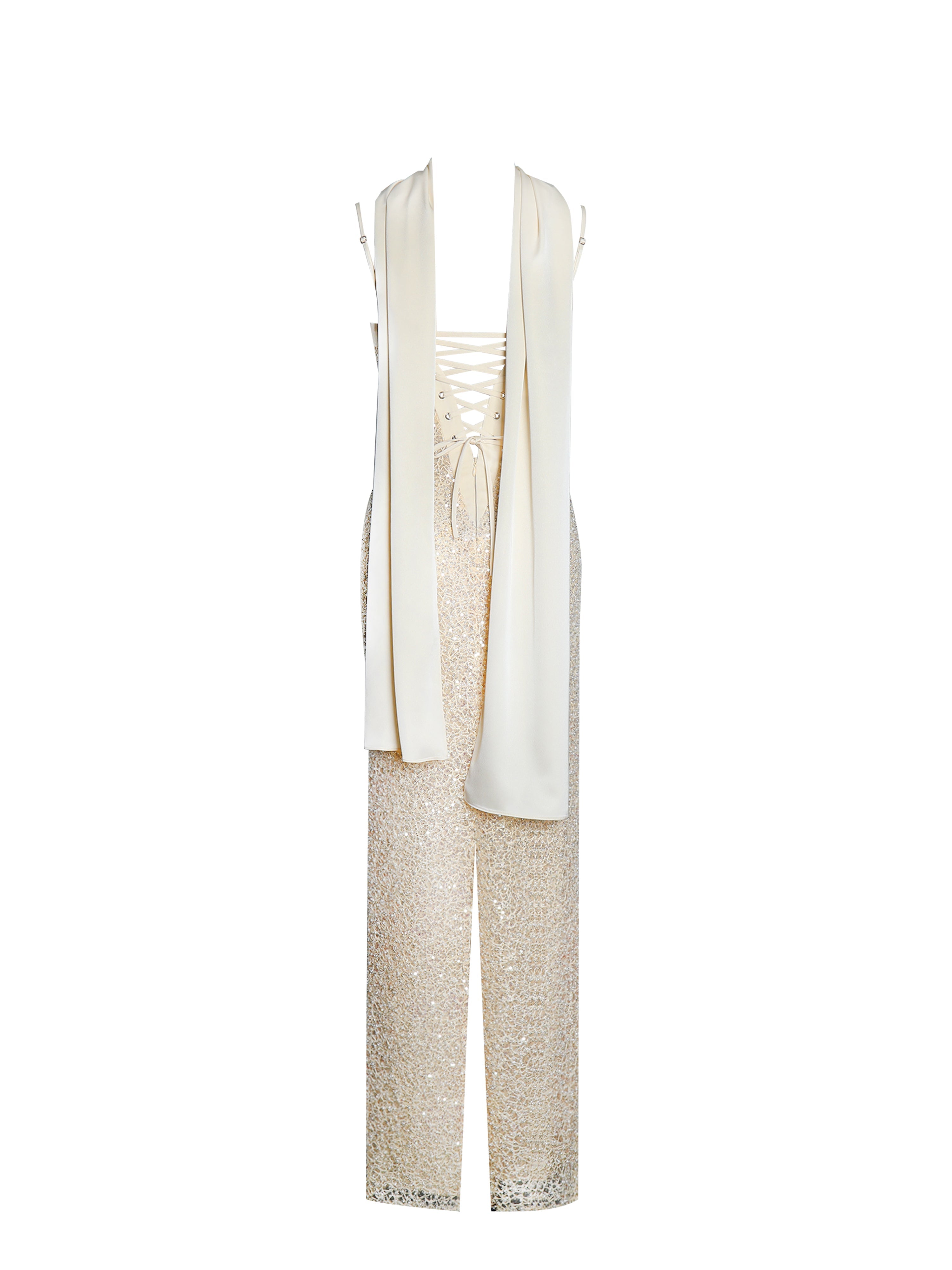 Raizel Gold Beaded Sequin Bodycon Gown with Scarf Avalabel