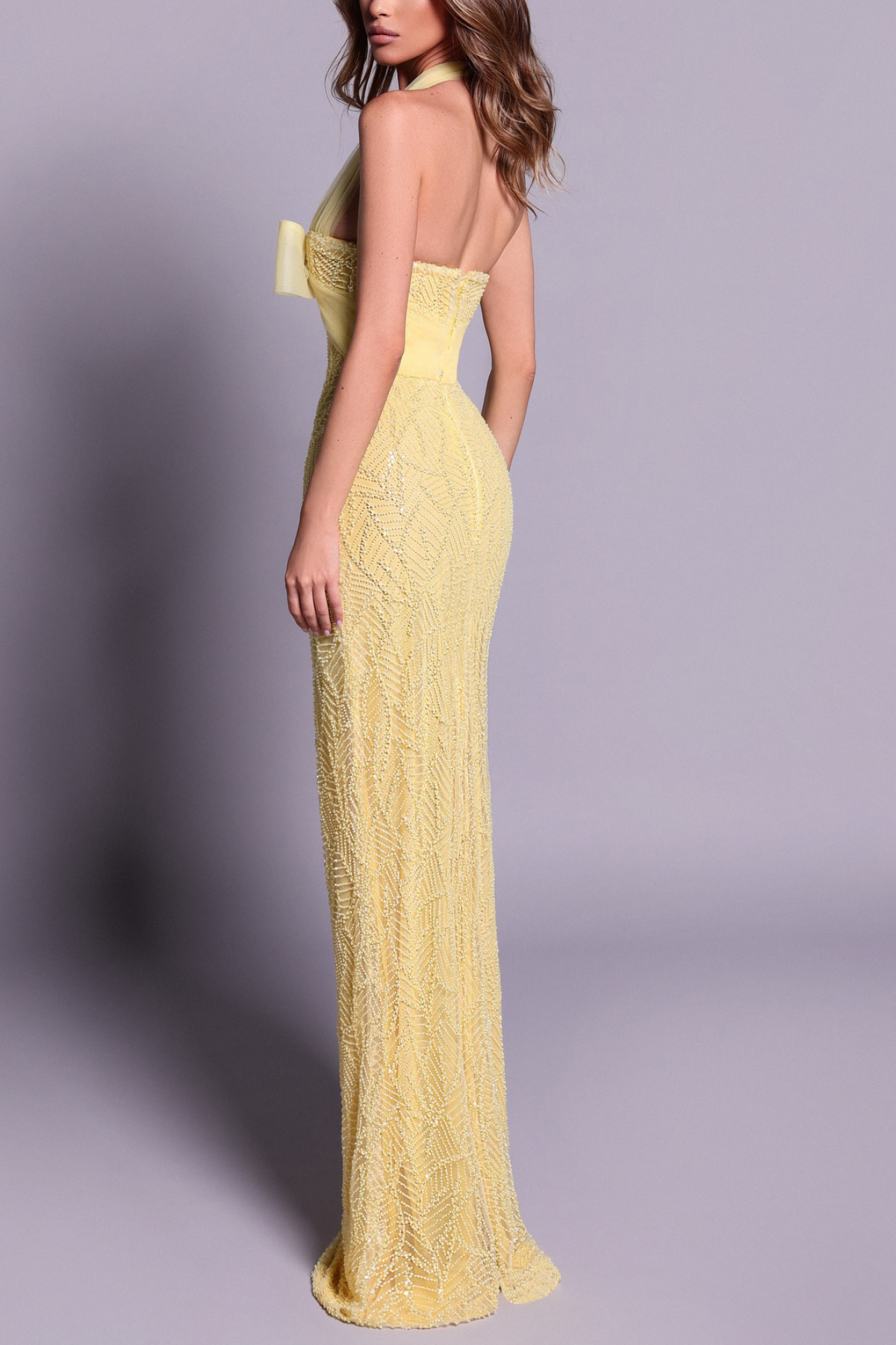 Kasey Halter Bow Beaded Mermaid Maxi Dress in Yellow Avalabel