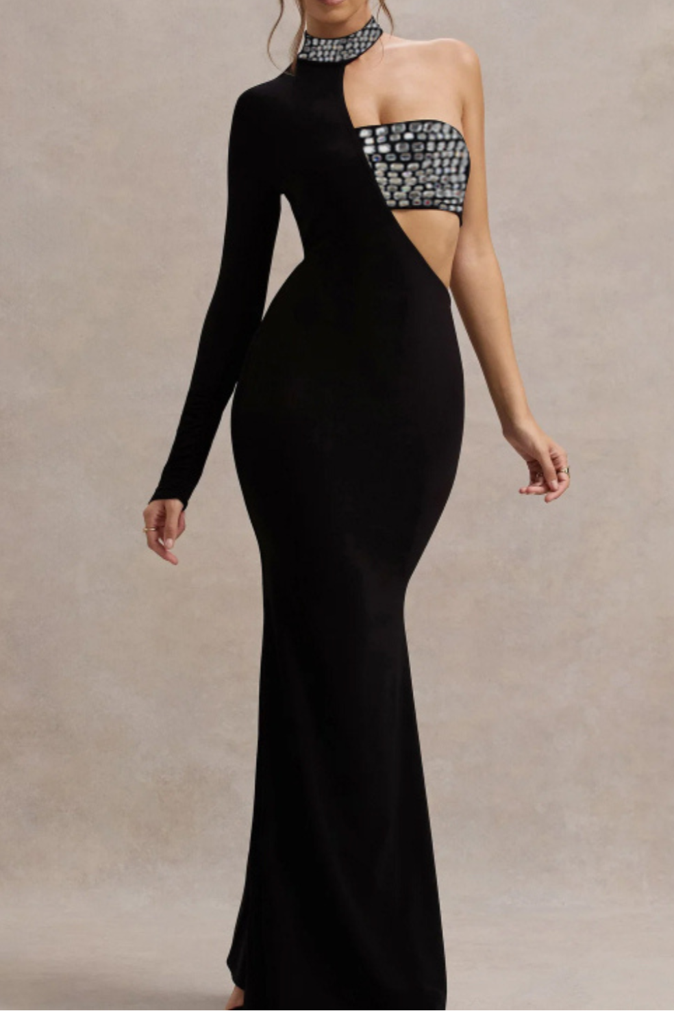 Crystal Embellished One-Sleeve Cut-Out Maxi Dress in black Avalabel
