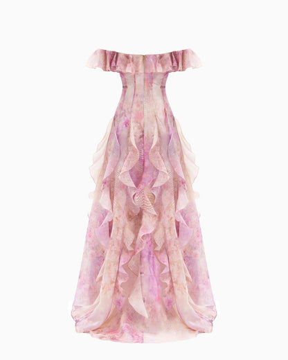 Helen Floral Frill Off-Shoulder Maxi Dress in Pink