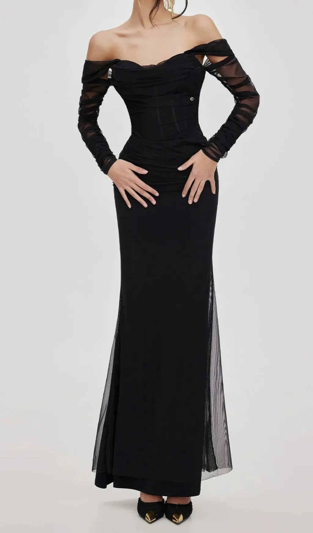 Ariel black Mesh Off-Shoulder Mermaid Maxi Dress Avalabel