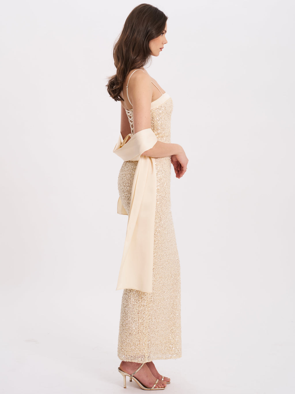Raizel Gold Beaded Sequin Bodycon Gown with Scarf Avalabel