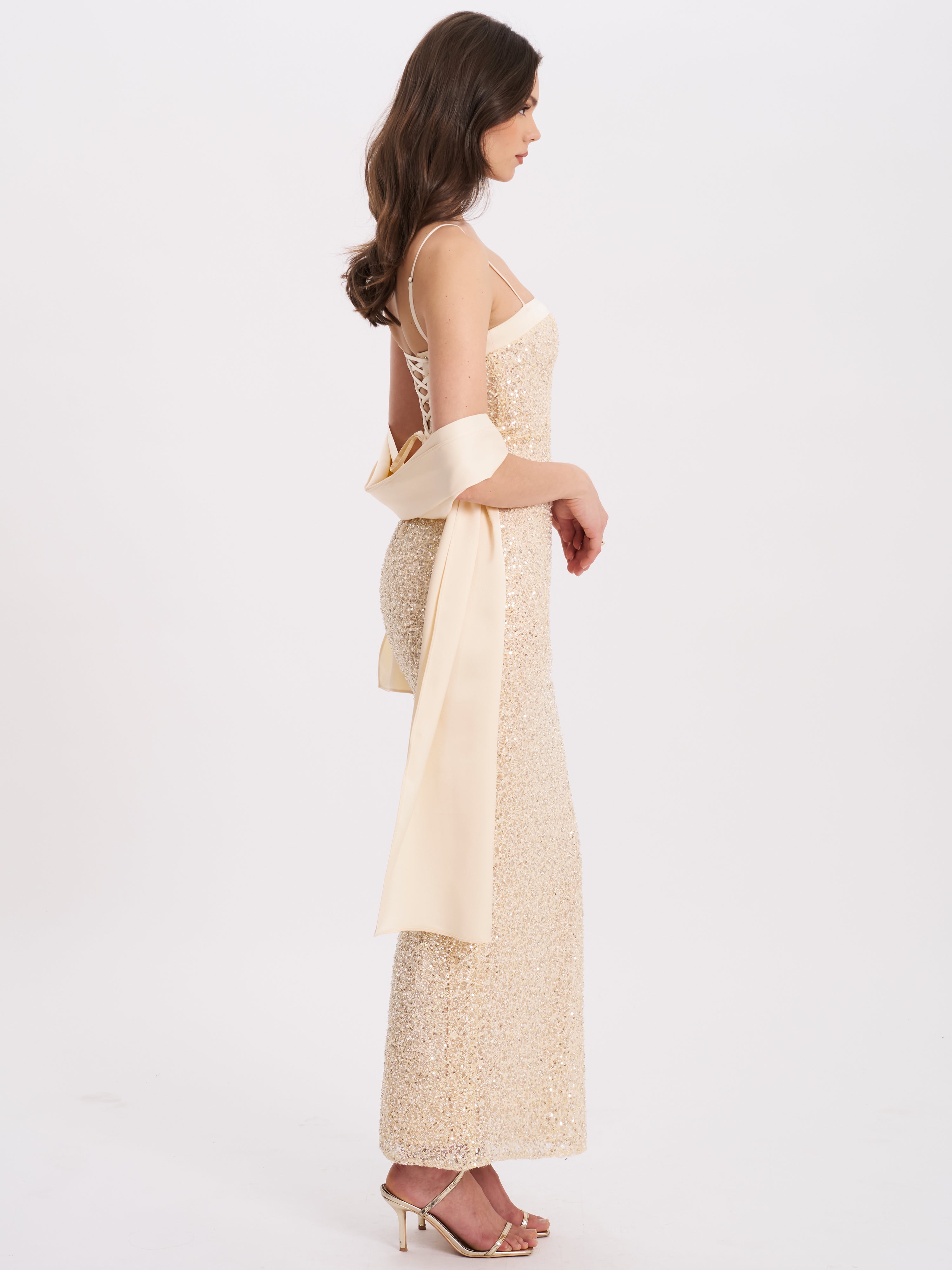 Raizel Gold Beaded Sequin Bodycon Gown with Scarf Avalabel