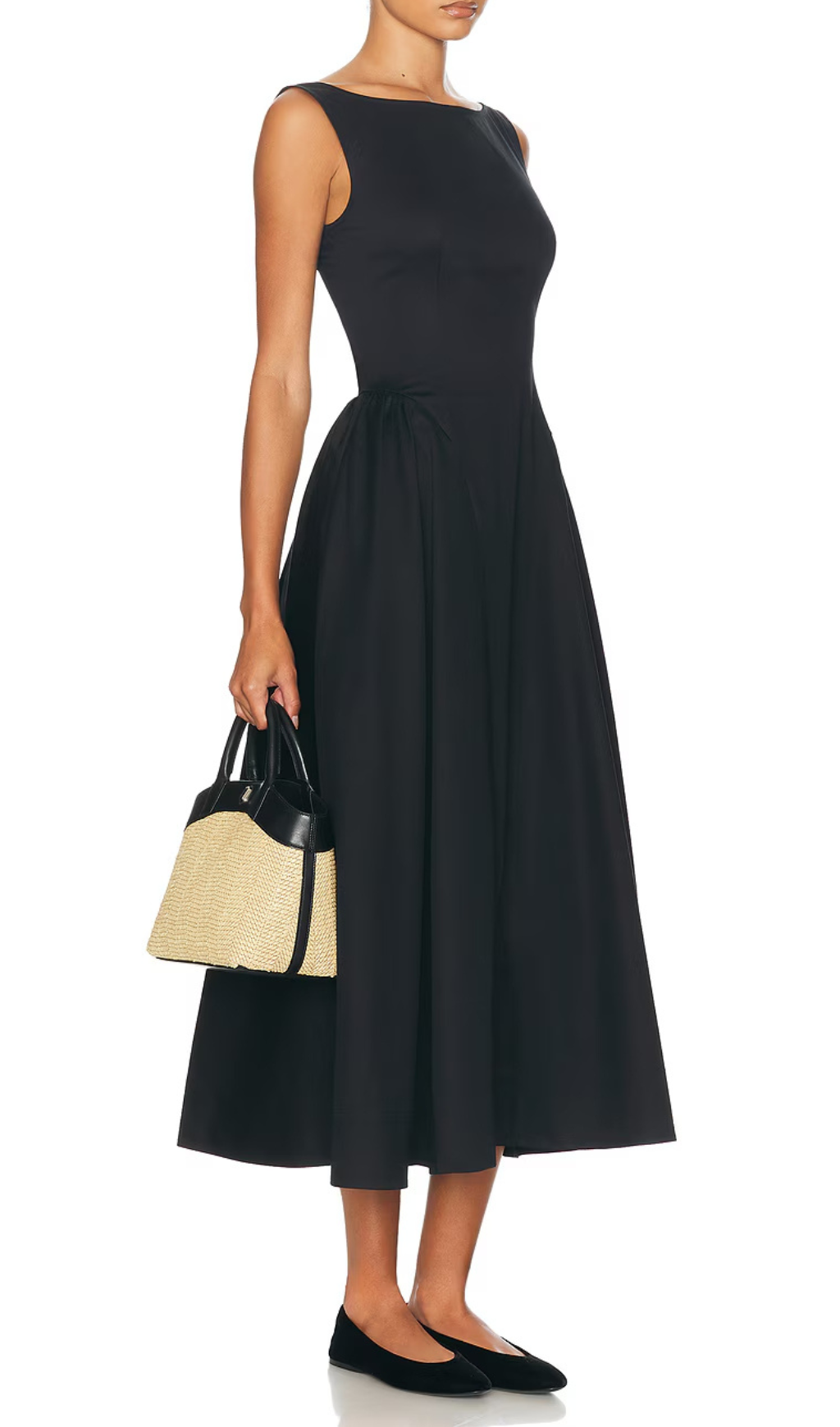 Stretch Cotton Sateen Midi Dress in black Avalabel