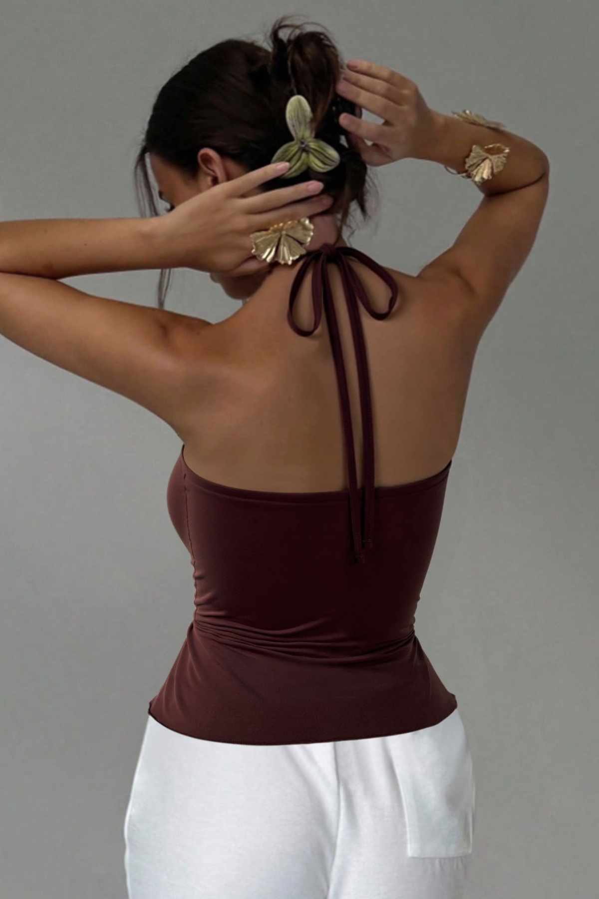 Elena Gold Spiral Metal Trim Strapless Milk Silk Slim Crop Top Avalabel