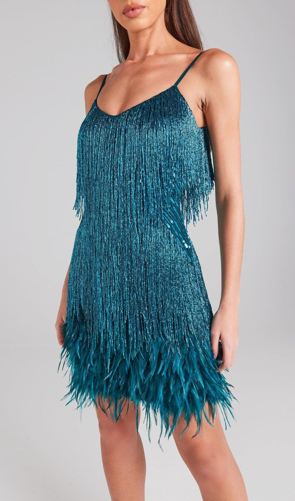 EMERALD TASSEL FEATHER MINI DRESS Avalabel