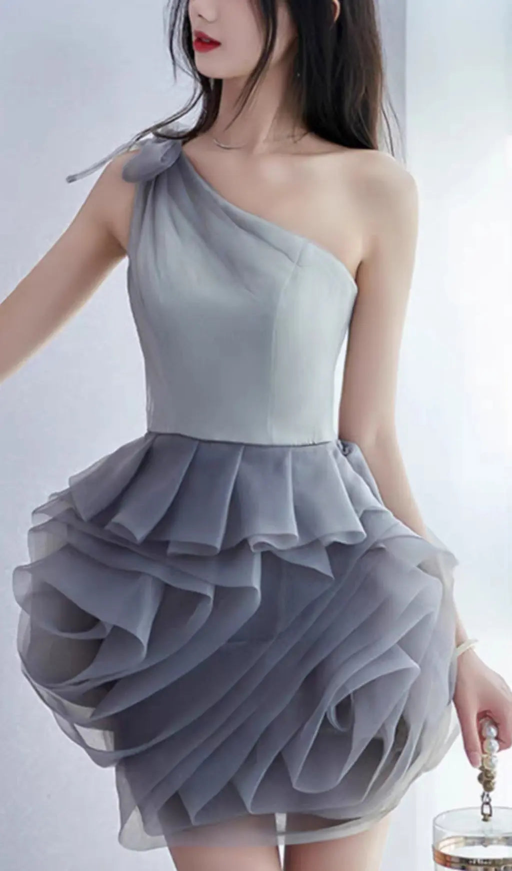 ONE SHOULDER MESH MINI DRESS IN GREY Avalabel