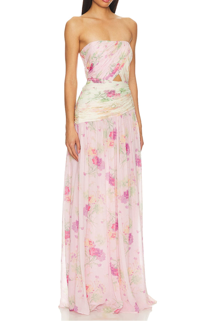 PINTIL STRAPLESS PLEATED FLORAL MAXI DRESS IN MULTI Avalabel