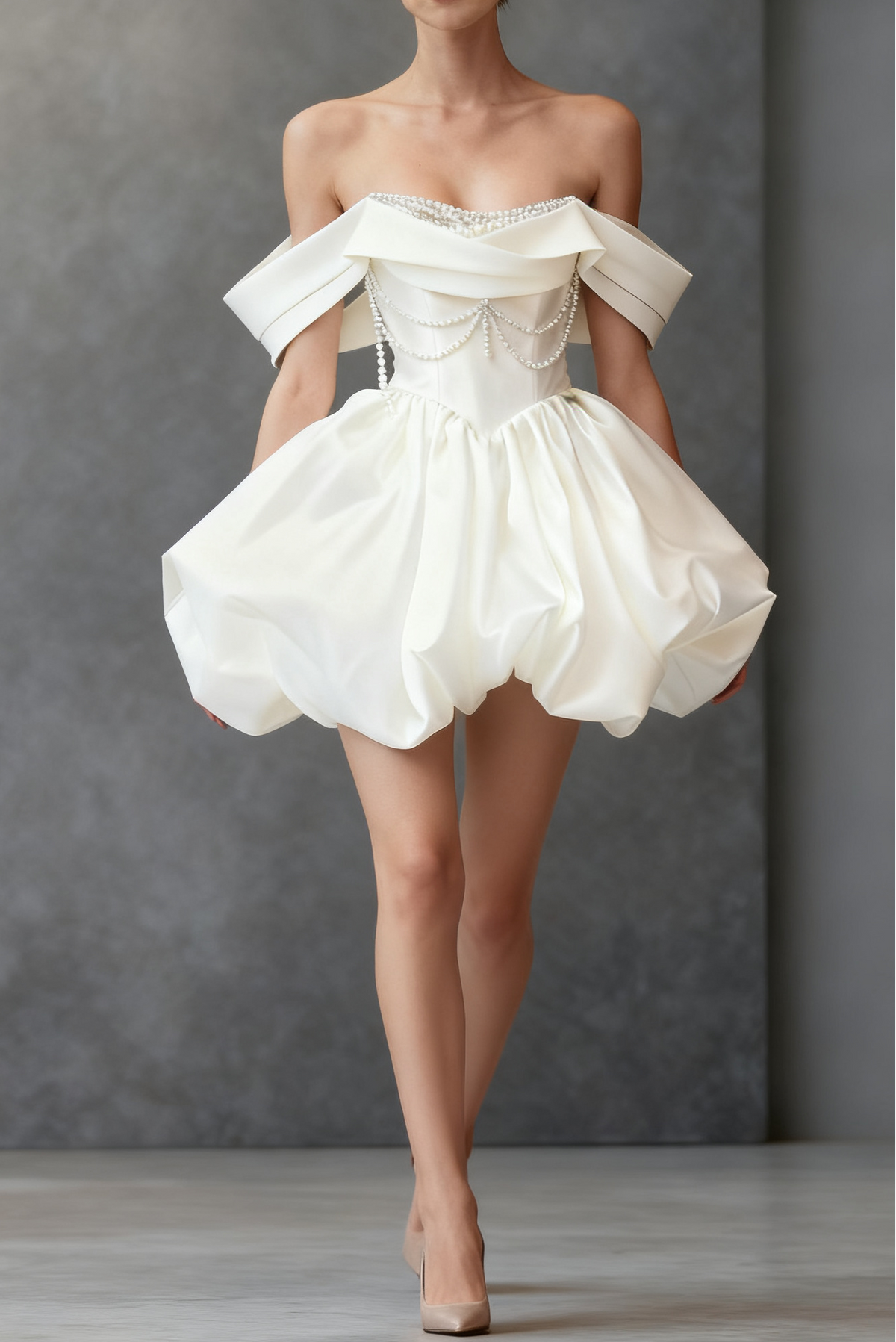 White Satin Beaded Off Shoulder Mini Dress Avalabel