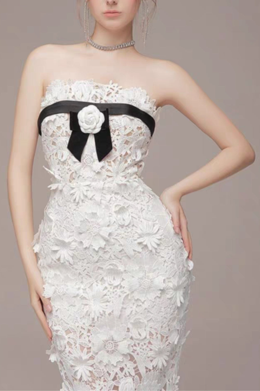 Strapless Flower Embroidery Maxi Dress In White Avalabel