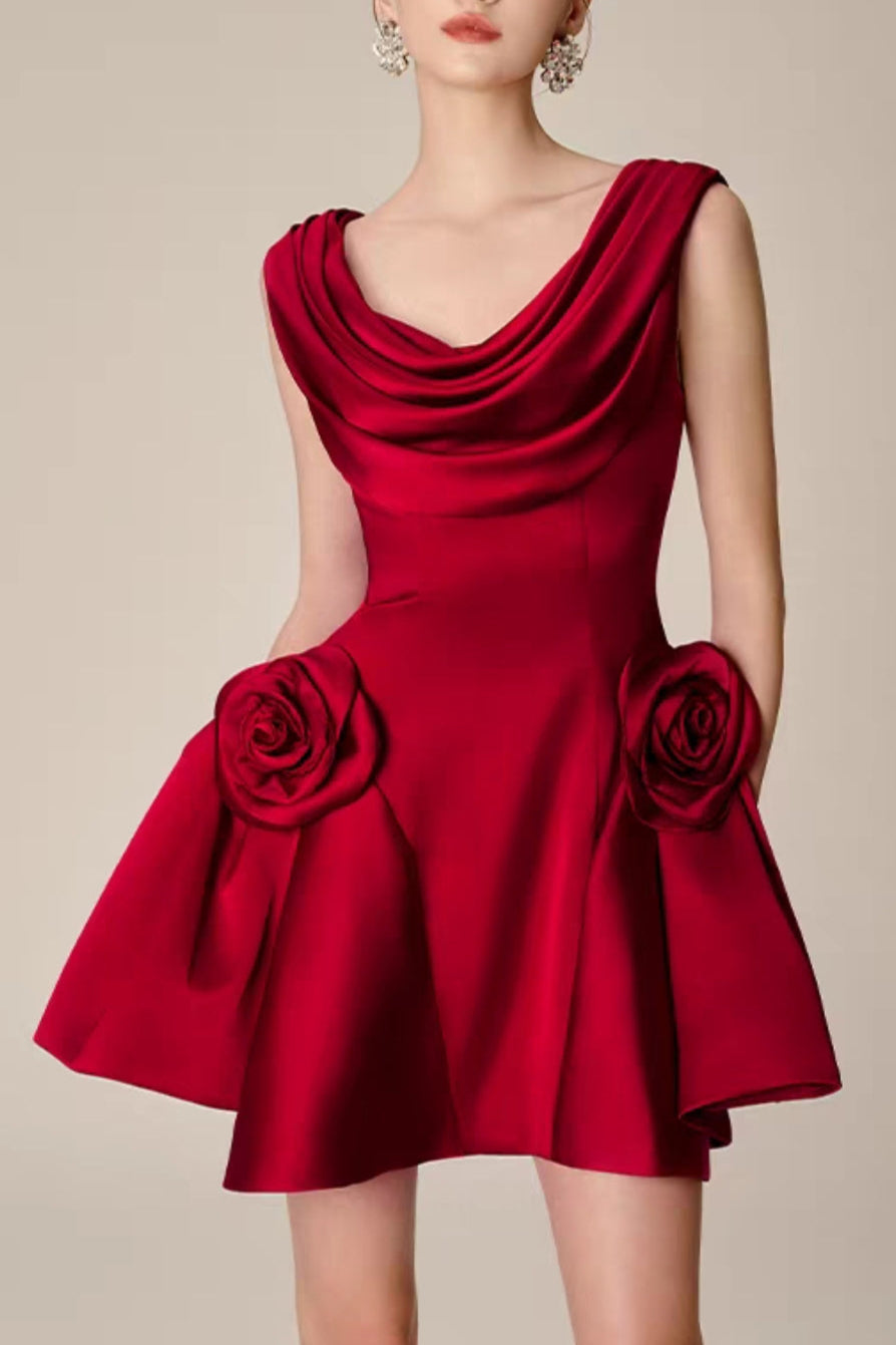 3D Flower Pleated Sleeveless Mini Dress Avalabel