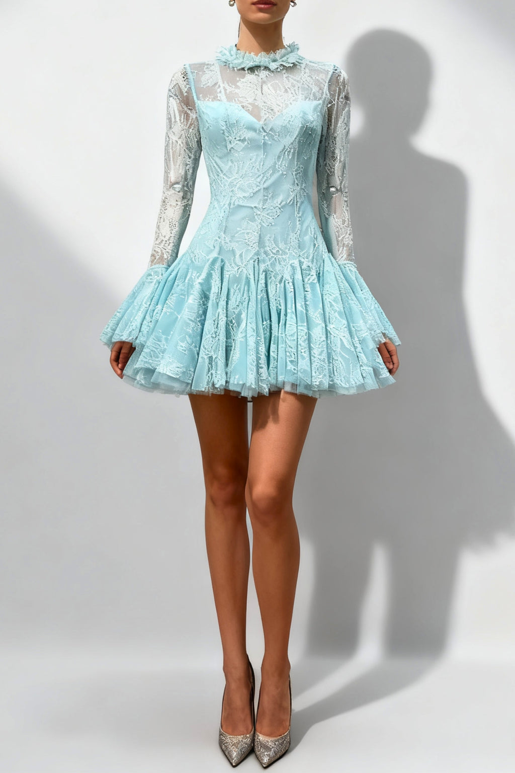 blue  Embroidered Flared Mini Dress Avalabel