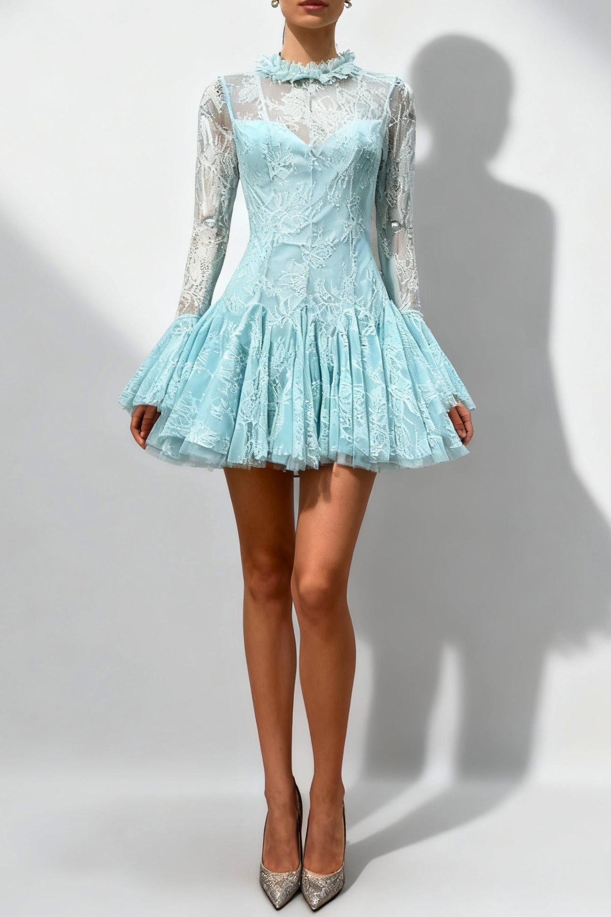 blue  Embroidered Flared Mini Dress Avalabel