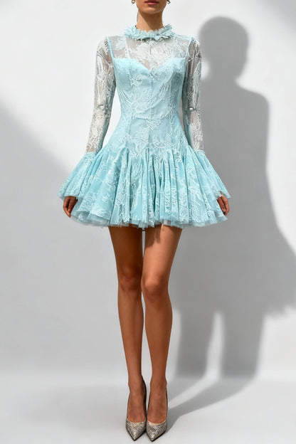 blue  Embroidered Flared Mini Dress