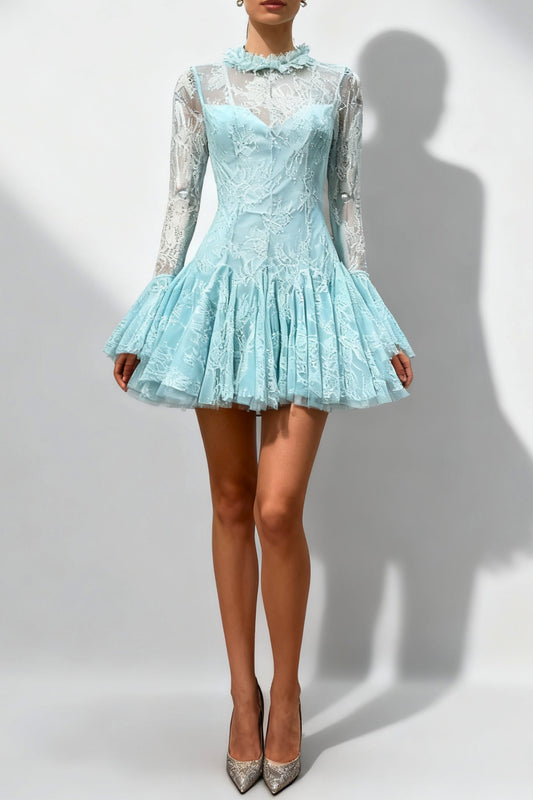 blue  Embroidered Flared Mini Dress
