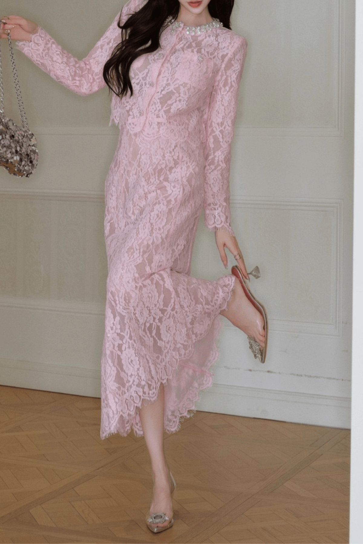 Jodie Beaded Lace Long Sleeve Two Piece Midi Dress Set Avalabel
